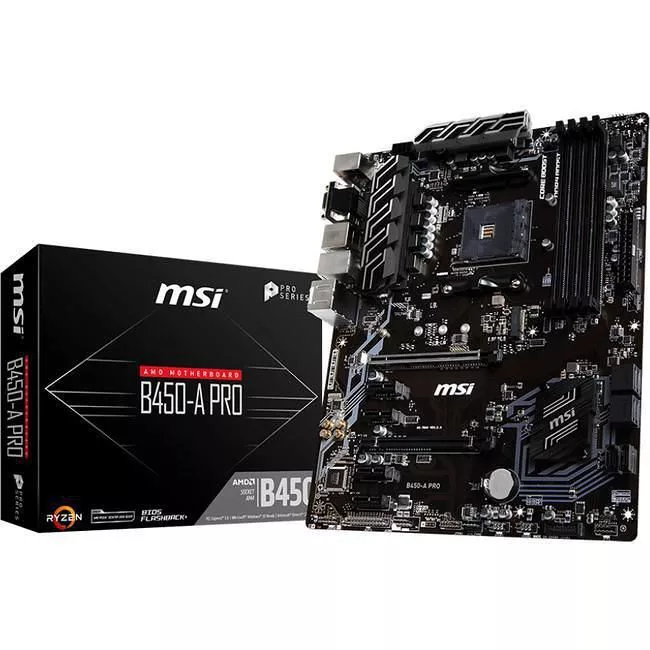 MSI B450APRO Desktop Motherboard - 1x Socket AM4 - AMD B450 - 4x DDR4 - RAID - 1x M.2 - 2x PCIe x16 - ATX