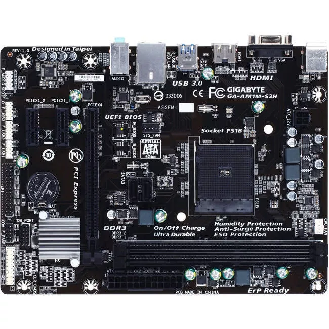 GIGABYTE GA-AM1M-S2H Desktop Motherboard - 1x Socket AM1 - AMD 2x DDR3 - 1x PCIe x16 - 1x RJ-45 - Micro ATX
