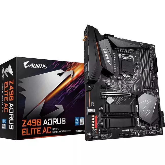 GIGABYTE Z490AORUSELITEAC Desktop Motherboard - 1x Socket LGA-1200 - Intel Z490 - 4x DDR4 - RAID - 2x M.2 - 2x PCIe x16 - Wi-Fi - 1x RJ-45 - ATX