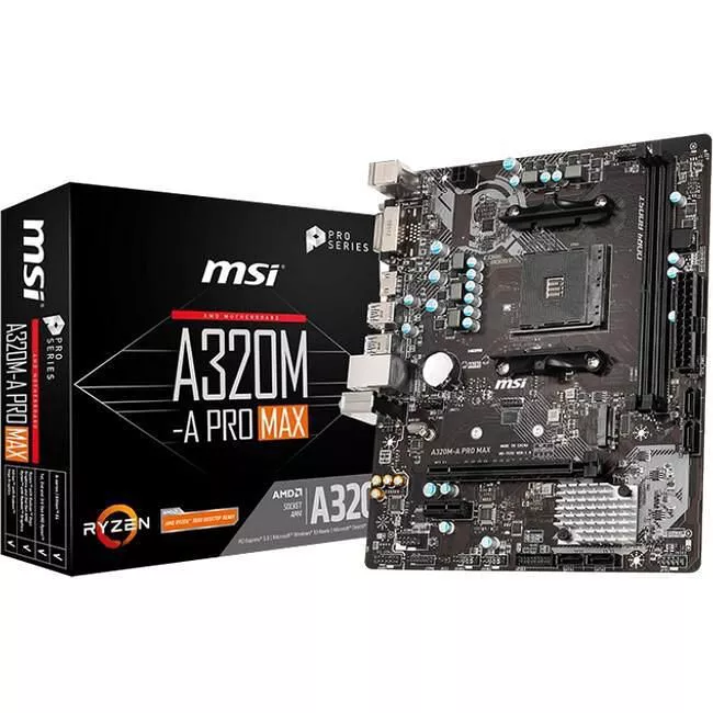 MSI A320MAPMAX Desktop Motherboard - 1x Socket AM4 - AMD A320 - 2x DDR4 - RAID - 1x M.2 - 1x PCIe x16 - 1x RJ-45 - Micro ATX