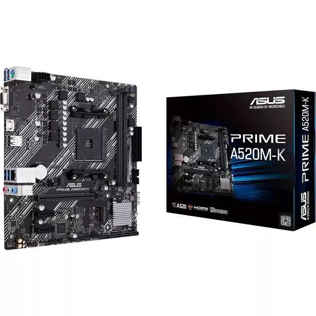 ASUS PRIME A520M-K Desktop Motherboard - 1x Socket AM4 - AMD A520 - 2x DDR4 - RAID - 1x M.2 - 1x PCIe x16 - 1x RJ-45 - Micro ATX