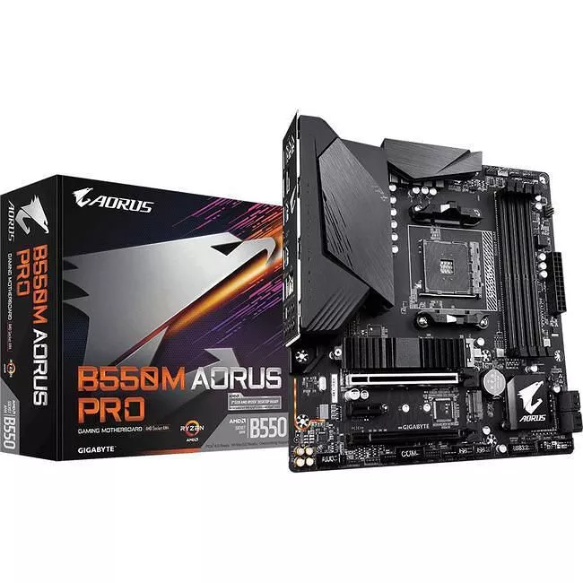 GIGABYTE B550M AORUS PRO Desktop Motherboard - 1x Socket AM4 - AMD B550 - 4x DDR4 - RAID - 2x M.2 - 2x PCIe x16 - 1x RJ-45 - Micro ATX
