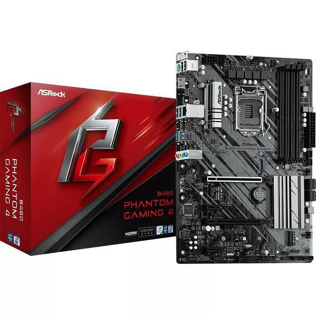 ASRock B460 PHANTOM GAMING 4 Desktop Motherboard - 1x Socket LGA-1200 - Intel B460 - 4x DDR4 - RAID - 2x M.2 - 2x PCIe x16 - 1x RJ-45 - ATX