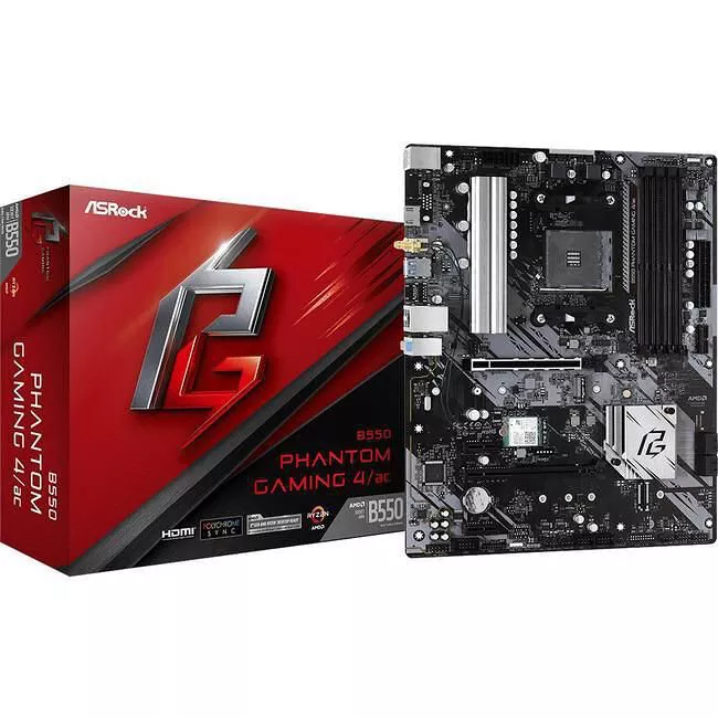 ASRock B550 PHANTOM GAMING 4 AC Desktop Motherboard - 1x Socket AM4 - AMD B550 - 4x DDR4 - RAID - 2x M.2 - 2x PCIe x16 - Wi-Fi - 1x RJ-45 - ATX
