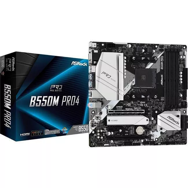 ASRock B550M PRO4 Desktop Motherboard - 1x Socket AM4 - AMD B550 - 4x DDR4 - RAID - 3x M.2 - 2x PCIe x16 - 1x RJ-45 - Micro ATX