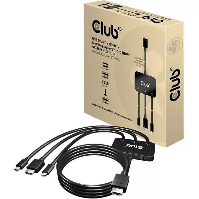 Club 3D CAC-1630 Multiport Adapter - USB C/HDMI/MiniDP 1.2 to HDMI - 4K60Hz - HDR - 32 AWG - Active - M/M