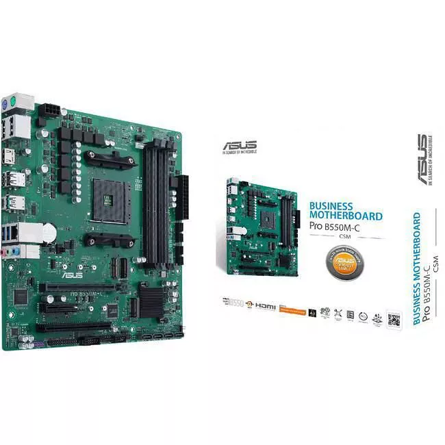 ASUS PRO B550M-C/CSM Desktop Motherboard - 1x Socket AM4 - AMD B550 - 4x DDR4 - RAID - 3x M.2 - 1x PCIe x16 - 1x RJ-45 - Micro ATX