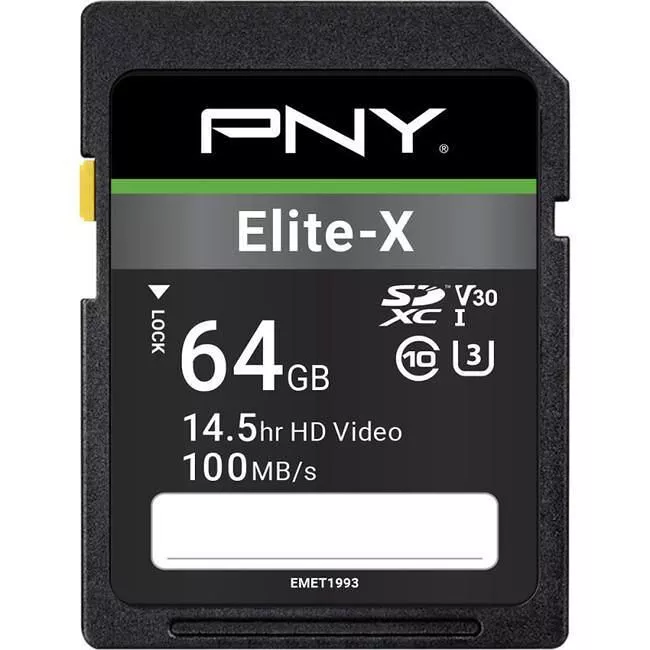 PNY P-SD64GU3100EX-GE 64 GB Elite-X Class 10 (U3) V30 SDXC Memory Card