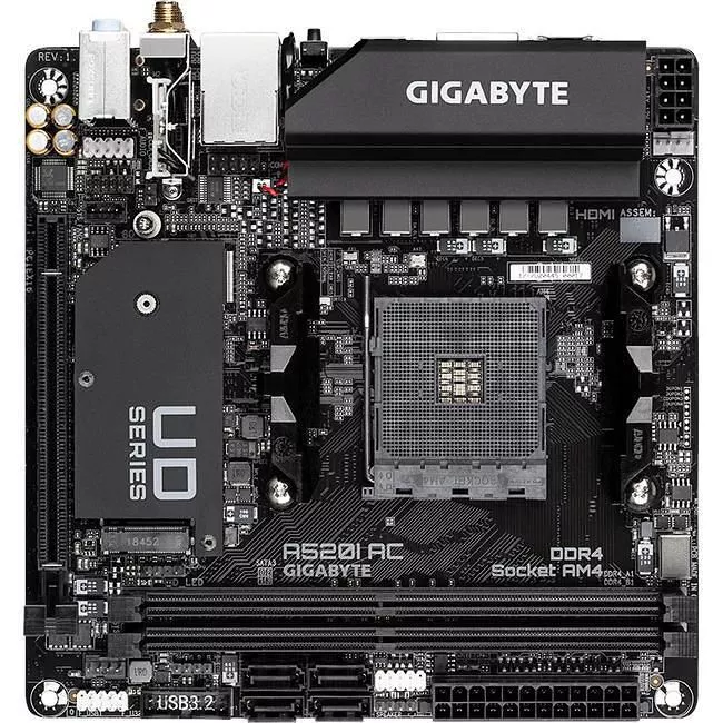 GIGABYTE A520I AC Desktop Motherboard - 1x Socket AM4 - AMD A520 - 2x DDR4 - RAID - 1x M.2 - 1x PCIe x16 - Wi-Fi - 1x RJ-45 - Mini ITX