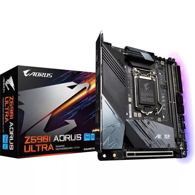 GIGABYTE Z590I AORUS ULTRA Desktop Motherboard - 1x Socket LGA-1200 - Intel Z590 - 2x DDR4 - RAID - 2x M.2 - 1x PCIe x16 - Wi-Fi - 1x RJ-45 - Mini ITX