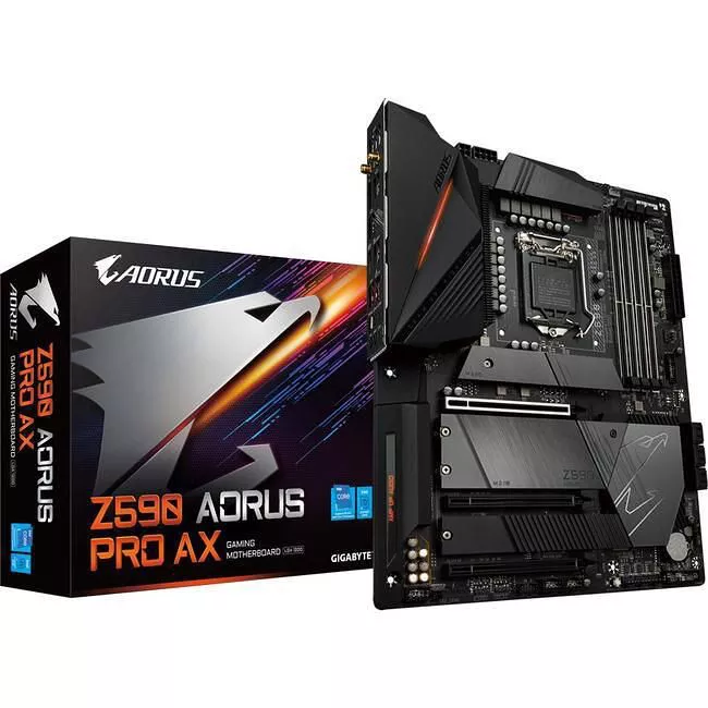 GIGABYTE Z590 AORUS PRO AX Desktop Motherboard - 1x Socket LGA-1200 - Intel Z590 - 4x DDR4 - RAID - 4x M.2 - 3x PCIe x16 - Wi-Fi - 1x RJ-45 - ATX