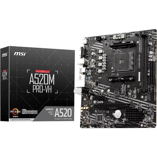 MSI A520M PRO VH Desktop Motherboard - 1x Socket AM4 - AMD A520 - 2x DDR4 - 1x M.2 - 1x PCIe x16 - 1x RJ-45 - Micro ATX