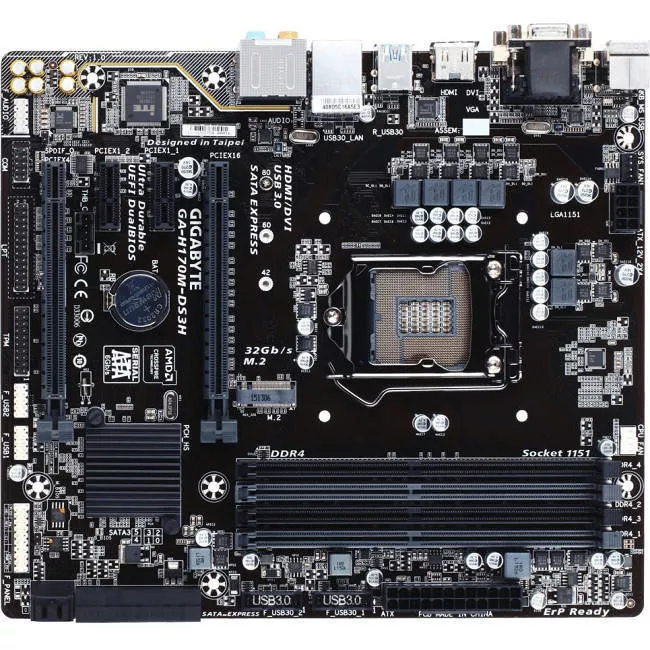 GIGABYTE GA-H170M-DS3H Desktop Motherboard - 1x Socket H4 LGA-1151 - Intel H170 - 4x DDR4 - RAID - 1x M.2 - 2x PCIe x16 - Micro ATX