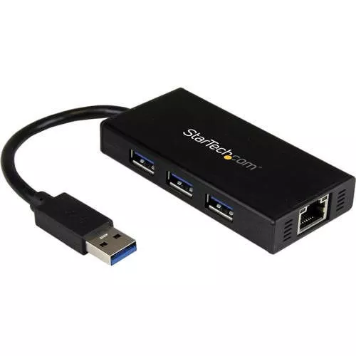 StarTech ST3300GU3B 3 Port Portable USB 3.0 Hub w/ Gigabit Ethernet Adapter NIC - Aluminum w/ Cable