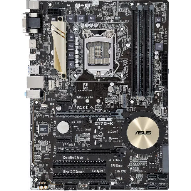 ASUS Z170-K Desktop Motherboard - 1x Socket H4 LGA-1151 - Intel Z170 - 4x DDR4 - RAID - 1x M.2 - 2x PCIe x16 - 1x RJ-45 - ATX