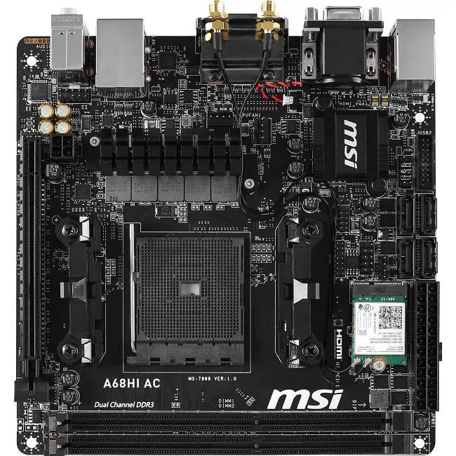 MSI A68HI AC Desktop Motherboard - 1x Socket FM2+ - AMD 2x DDR3 - RAID - 1x M.2 - 1x PCIe x16 - Wi-Fi - Mini ITX