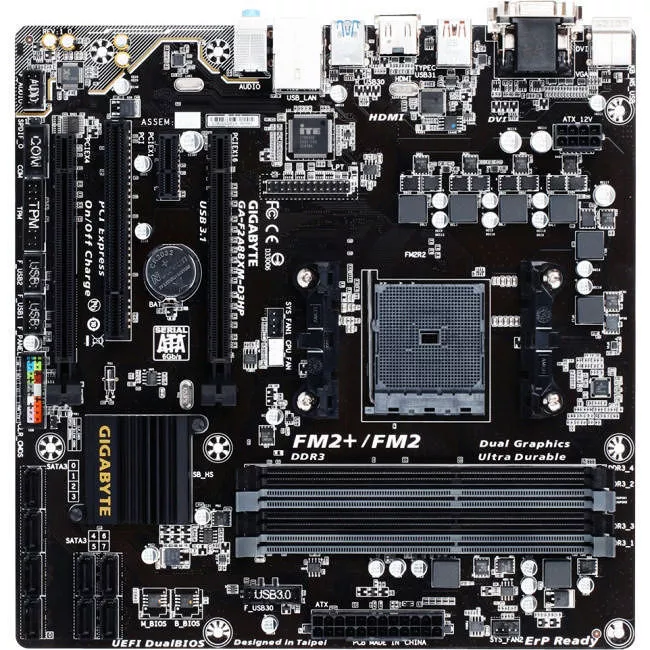 GIGABYTE GA-F2A88XM-D3HP Desktop Motherboard - 1x Socket FM2+ - AMD A88X - 4x DDR3 - RAID - 2x PCIe x16 - Micro ATX