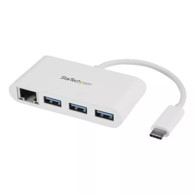 StarTech HB30C3A1GEA Port USB C Hub with Gigabit Ethernet - USB-C to 3x USB-A - USB 3.0 - White | SabrePC