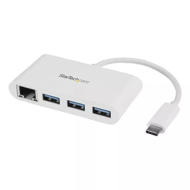 StarTech HB30C3A1GEA 3 Port USB C Hub with Gigabit Ethernet - USB-C to 3x USB-A - USB 3.0 - White