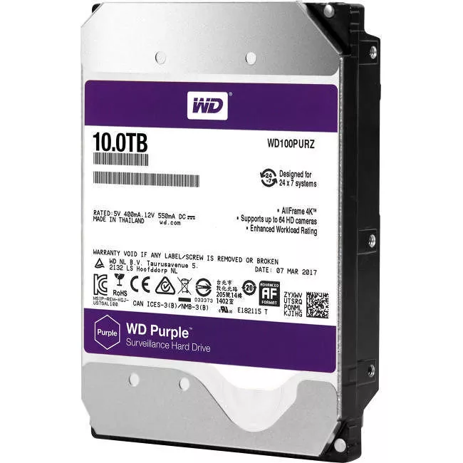 WD WD100PURZ Purple Hard Drive - 10 TB - 256 MB - 3.5 - SATA - 5400