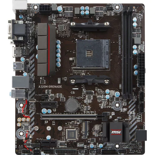MSI A320M GRENADE Desktop Motherboard - 1x Socket AM4 - AMD A320 - 2x DDR4 - RAID - 1x M.2 - 1x PCIe x16 - Micro ATX