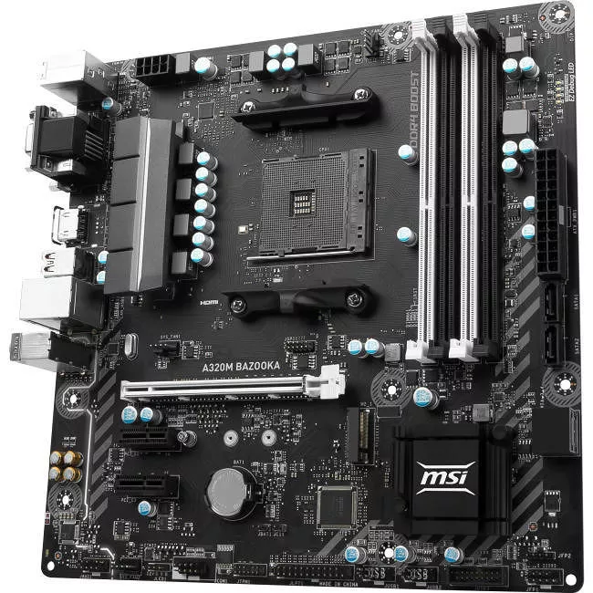 MSI A320M BAZOOKA Desktop Motherboard - 1x Socket AM4 - AMD A320 - 4x DDR4 - RAID - 1x M.2 - 1x PCIe x16 - Micro ATX
