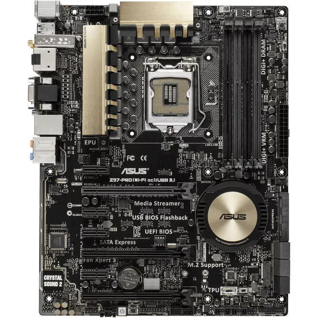 ASUS Z97-PRO(WI-FI AC)/USB 3.1 Desktop Motherboard - 1x Socket H3 LGA-1150 - Intel Z97 Express - 4x DDR3 - RAID - 1x M.2 - 3x PCIe x16 - Wi-Fi - 1x RJ-45 - ATX