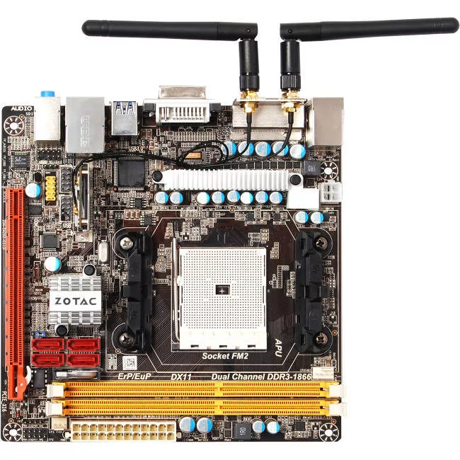 ZOTAC A55ITX-B-E Desktop Motherboard - 1x Socket FM2 - AMD A55 - 2x DDR3 - RAID - 1x PCIe x16 - Wi-Fi - 2x RJ-45 - Mini ITX