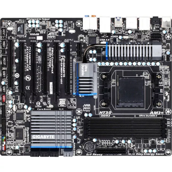GIGABYTE GA-990FXA-UD5 Desktop Motherboard - 1x Socket AM3 PGA-941 - AMD 990FX - 4x DDR3 - RAID - 2x PCIe x16 - 1x RJ-45 - ATX