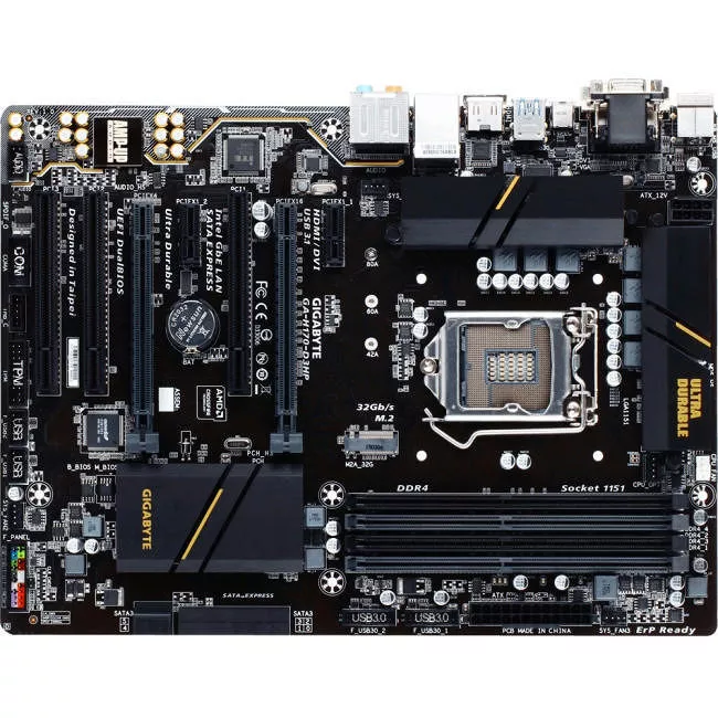 GIGABYTE GA-H170-D3HP Desktop Motherboard - 1x Socket H4 LGA-1151 - Intel H170 - 4x DDR4 - RAID - 1x M.2 - 2x PCIe x16 - ATX