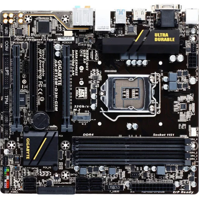 GIGABYTE GA-B150M-D3H GSM Desktop Motherboard - 1x Socket H4 LGA-1151 - Intel B150 - 4x DDR4 - 1x M.2 - 2x PCIe x16 - Micro ATX