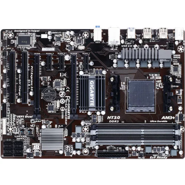 GIGABYTE GA-970A-DS3P Desktop Motherboard - 2x Socket AM3+ - AMD 970 - 4x DDR3 - RAID - 2x PCIe x16 - 1x RJ-45 - ATX