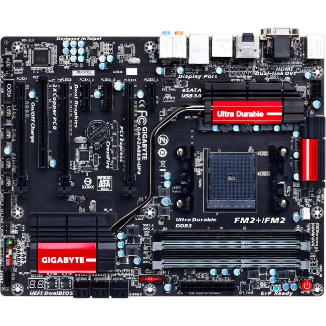 GIGABYTE GA-F2A88X-UP4 Desktop Motherboard - 1x Socket FM2+ - AMD A88X - 4x DDR3 - RAID - 3x PCIe x16 - 1x RJ-45 - ATX
