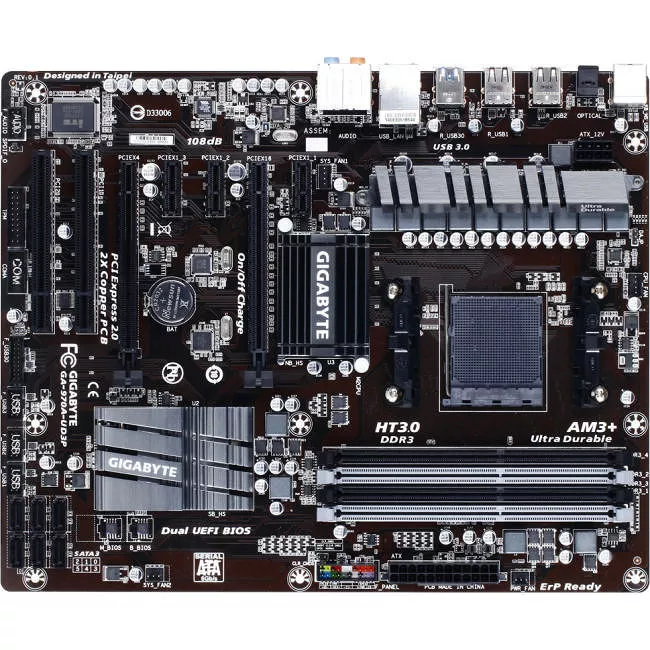 GIGABYTE GA-970A-UD3P Desktop Motherboard - 1x Socket AM3+ - AMD 970 - 4x DDR3 - RAID - 2x PCIe x16 - 1x RJ-45 - ATX
