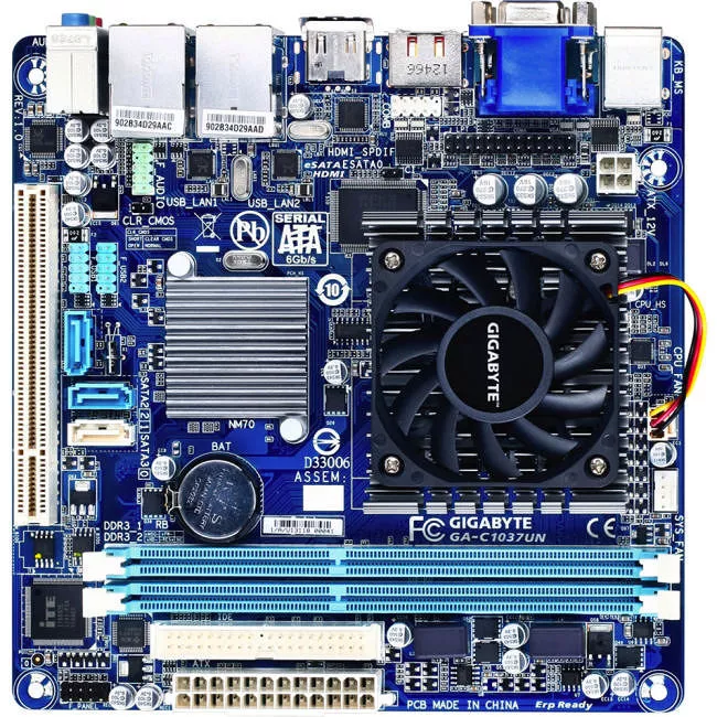 GIGABYTE GA-C1037UN Desktop Motherboard - 1x Socket BGA-1023 - Intel NM70 Express - 2x DDR3 - 2x RJ-45 - Mini ITX