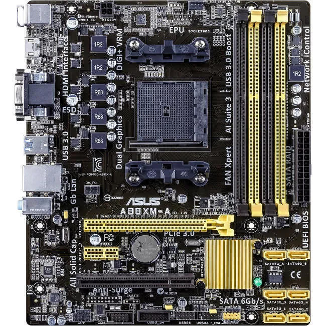 ASUS A88XM-A Desktop Motherboard - 1x Socket FM2 - AMD A88X - 4x DDR3 - RAID - 1x PCIe x16 - 1x RJ-45 - Micro ATX