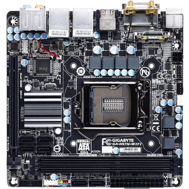 GIGABYTE GA-H97N-WIFI Desktop Motherboard - 1x Socket H3 LGA-1150 - Intel H97 Express - 2x DDR3 - RAID - 1x PCIe x16 - Wi-Fi - 2x RJ-45 - Mini ITX