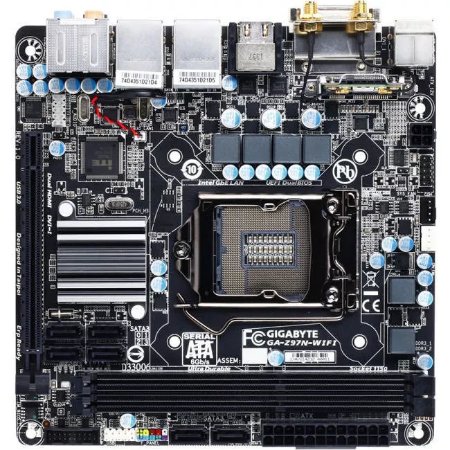GIGABYTE GA-Z97N-WIFI Desktop Motherboard - 1x Socket H3 LGA-1150 - Intel Z97 Express - 2x DDR3 - RAID - 1x PCIe x16 - Wi-Fi - 2x RJ-45 - Mini ITX