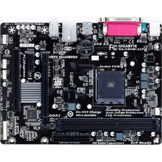 GIGABYTE GA-AM1M-S2P Desktop Motherboard - 1x Socket AM1 - AMD 2x DDR3 - 1x PCIe x16 - 1x RJ-45 - Micro ATX