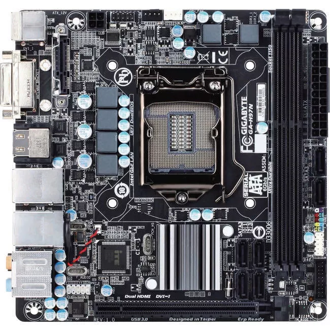 GIGABYTE GA-H97N-B Desktop Motherboard - 1x Socket H3 LGA-1150 - Intel H97 Express - 2x DDR3 - 1x PCIe x16 - 2x RJ-45 - Mini ITX