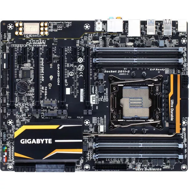 GIGABYTE GA-X99-UD4 Desktop Motherboard - 1x Socket LGA 2011-v3 - Intel X99 - 8x DDR4 - RAID - 1x M.2 - 4x PCIe x16 - 1x RJ-45 - ATX