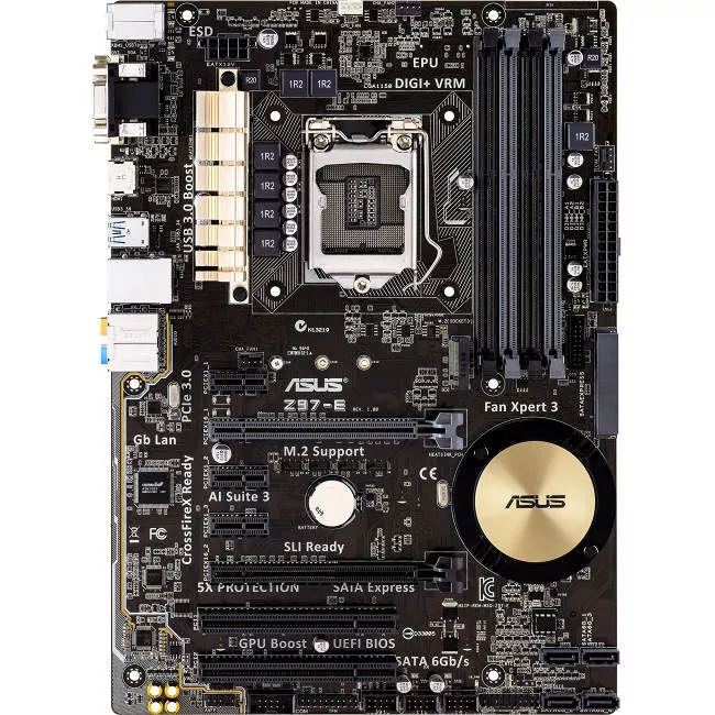 ASUS Z97-E Desktop Motherboard - 1x Socket H3 LGA-1150 - Intel Z97 Express - 4x DDR3 - RAID - 1x M.2 - 2x PCIe x16 - 1x RJ-45 - ATX