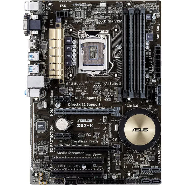 ASUS Z97-K/CSM/C/SI Desktop Motherboard - 1x Socket H3 LGA-1150 - Intel Z97 Express - 4x DDR3 - RAID - 1x M.2 - 2x PCIe x16 - 1x RJ-45 - ATX