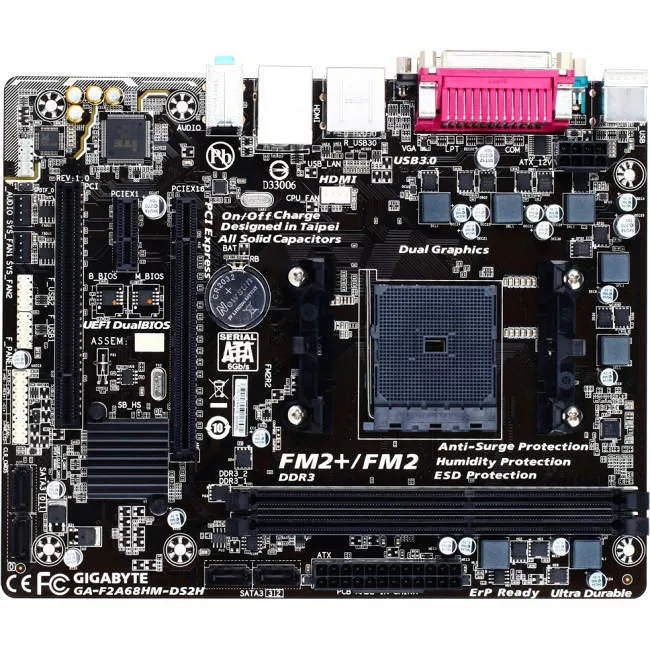 GIGABYTE GA-F2A68HM-DS2H Desktop Motherboard - 1x Socket FM2+ - AMD A68 - 2x DDR3 - RAID - 1x PCIe x16 - 1x RJ-45 - Micro ATX
