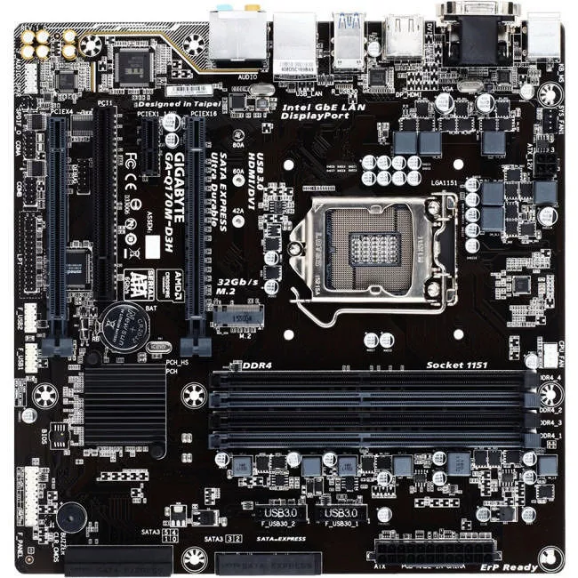 GIGABYTE GA-Q170M-D3H Desktop Motherboard - 1x Socket H4 LGA-1151 - Intel Q170 - 4x DDR4 - RAID - 1x M.2 - 2x PCIe x16 - Micro ATX