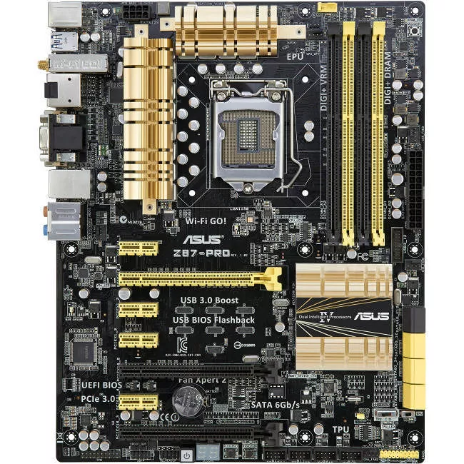 ASUS Z87-PRO Desktop Motherboard - 1x Socket H3 LGA-1150 - Intel Z87 Express - 4x DDR3 - RAID - 3x PCIe x16 - Wi-Fi - 1x RJ-45 - ATX