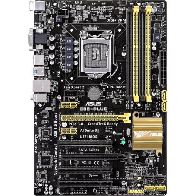 ASUS B85-PLUS Desktop Motherboard - 1x Socket H3 LGA-1150 - Intel B85 Express - 4x DDR3 - 2x PCIe x16 - 1x RJ-45 - ATX