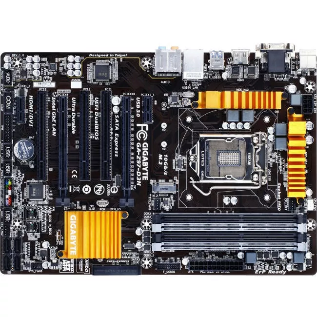 GIGABYTE GA-Z97-D3H Desktop Motherboard - 1x Socket H3 LGA-1150 - Intel Z97 Express - 4x DDR3 - RAID - 1x M.2 - 2x PCIe x16 - 1x RJ-45 - ATX