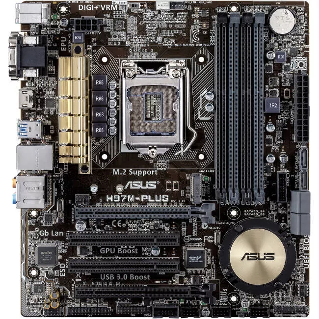 ASUS H97M-PLUS Desktop Motherboard - 1x Socket H3 LGA-1150 - Intel H97 Express - 4x DDR3 - RAID - 1x M.2 - 2x PCIe x16 - 1x RJ-45 - Micro ATX