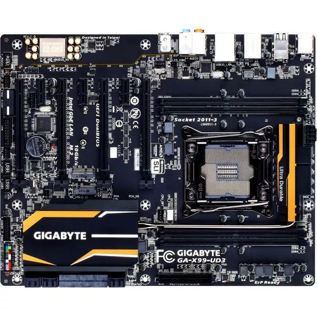 GIGABYTE GA-X99-UD3 Desktop Motherboard - 1x Socket LGA 2011-v3 - Intel X99 - 4x DDR4 - RAID - 1x M.2 - 4x PCIe x16 - 1x RJ-45 - ATX